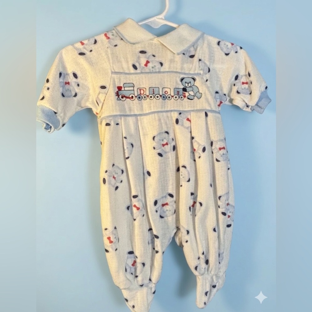 Vintage Dior White Baby One-Piece with Bear & Train Embroidery
